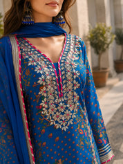 Dark Blue Embroidered 3 Pc Sharara Set in Pure Bamberg Muslin with Chiffon Dupatta