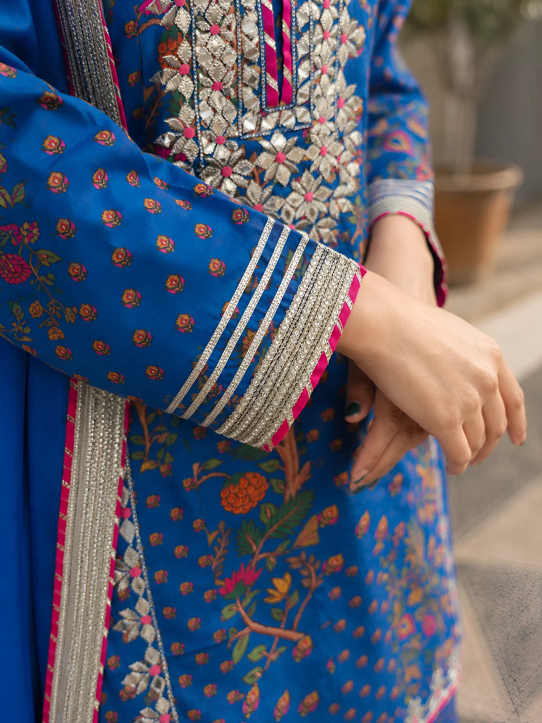 Dark Blue Embroidered 3 Pc Sharara Set in Pure Bamberg Muslin with Chiffon Dupatta