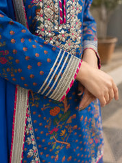Dark Blue Embroidered 3 Pc Sharara Set in Pure Bamberg Muslin with Chiffon Dupatta