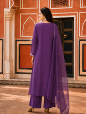 Purple Embroidered 3 Pc Anarkali Kurta Set with Dupatta in Mul Chanderi