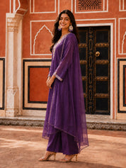 Purple Embroidered 3 Pc Anarkali Kurta Set with Dupatta in Mul Chanderi