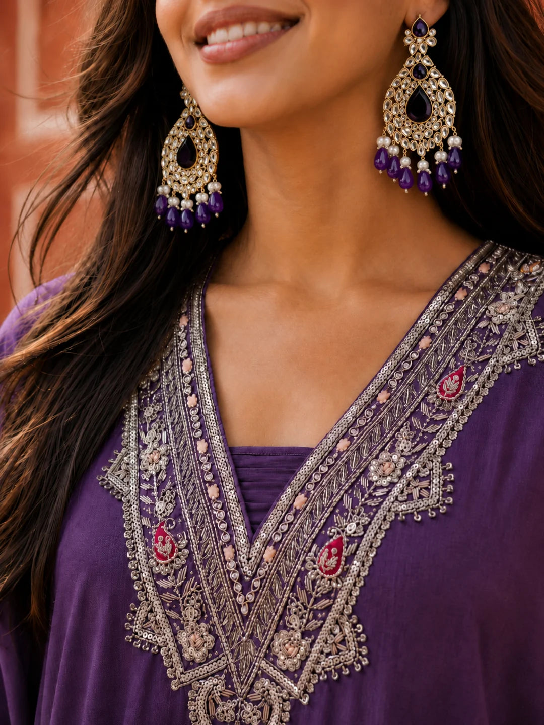 Purple Embroidered 3 Pc Anarkali Kurta Set with Dupatta in Mul Chanderi