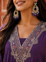 Purple Embroidered 3 Pc Anarkali Kurta Set with Dupatta in Mul Chanderi