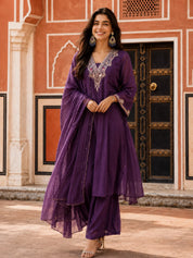 Purple Embroidered 3 Pc Anarkali Kurta Set with Dupatta in Mul Chanderi