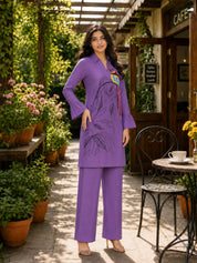 Purple 3D Thread Work Tunic & Trouser Co-Ord Set