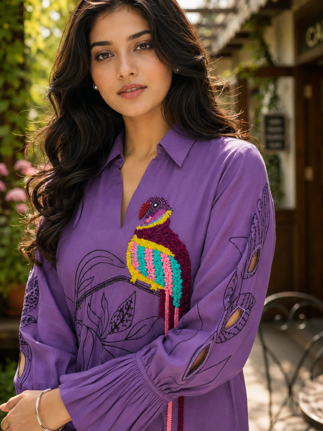 Purple 3D Thread Work Tunic & Trouser Co-Ord Set