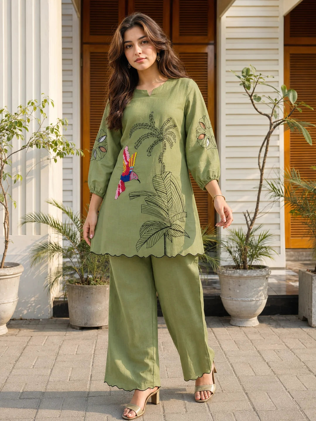 Green Embroidered Muslin Tunic & Trouser Co-Ord Set