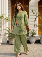 Green Embroidered Muslin Tunic & Trouser Co-Ord Set
