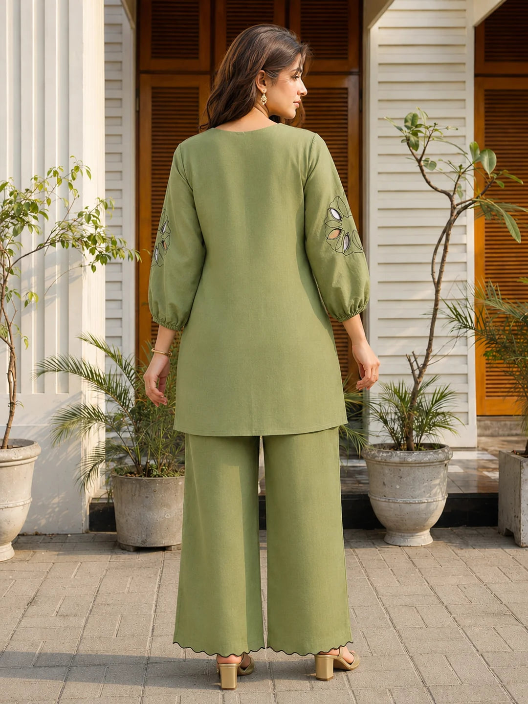 Green Embroidered Muslin Tunic & Trouser Co-Ord Set