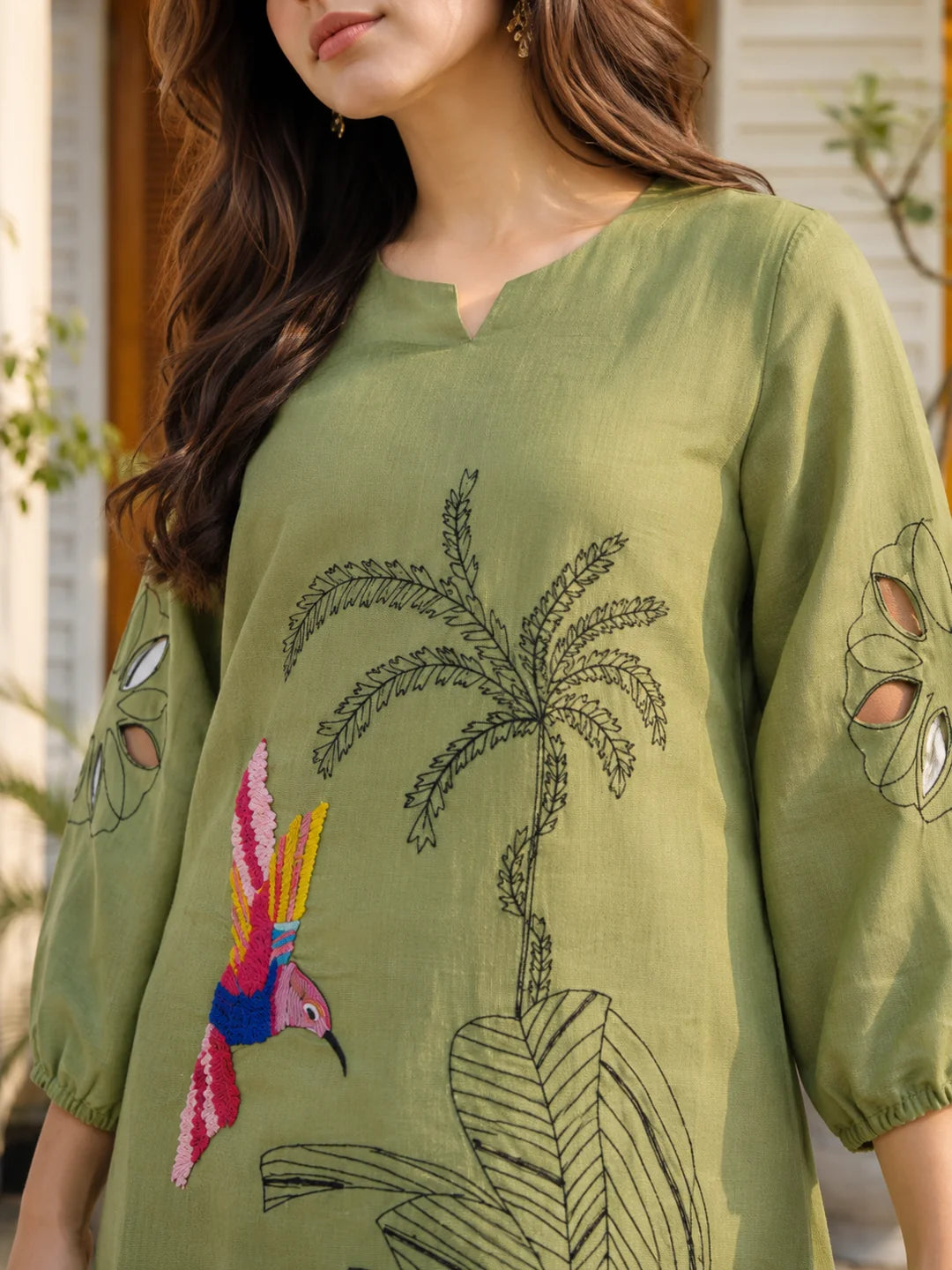 Green Embroidered Muslin Tunic & Trouser Co-Ord Set