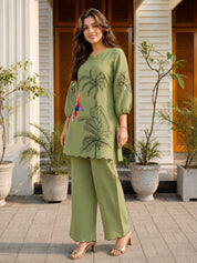 Green Embroidered Muslin Tunic & Trouser Co-Ord Set