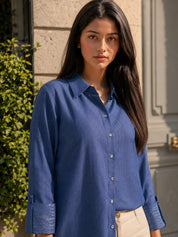 Blue Twill Weave Textured Cotton Shirt with Rhinestone Details
