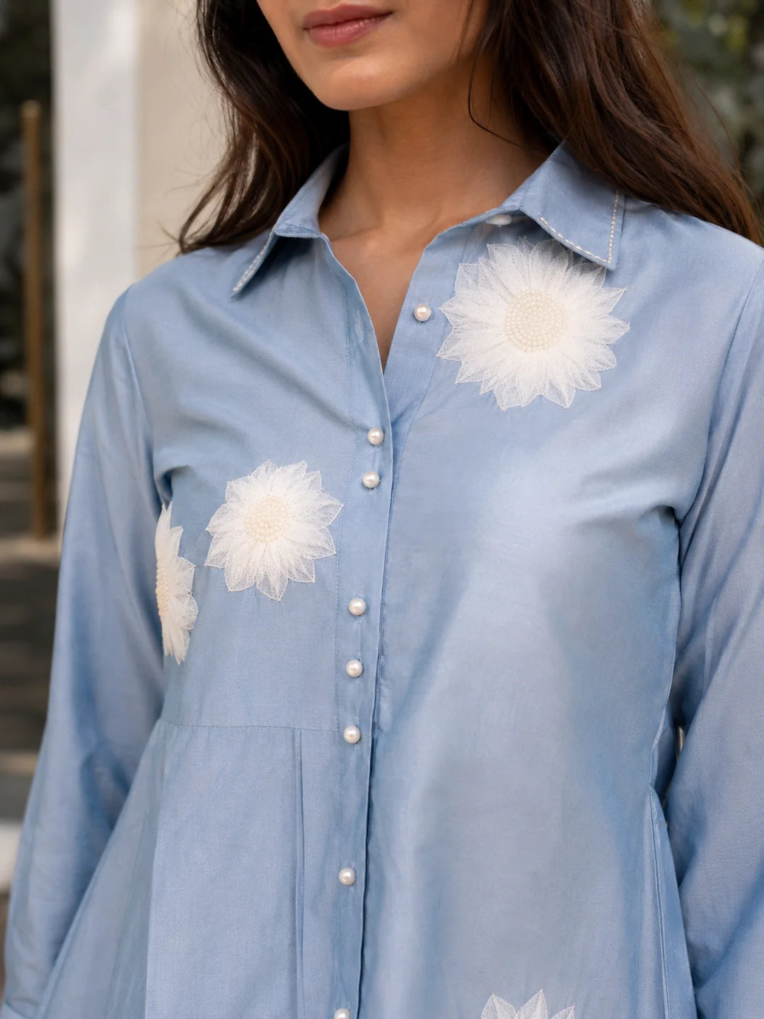 Powder Blue Asymmetric Shirt Style Tunic Set