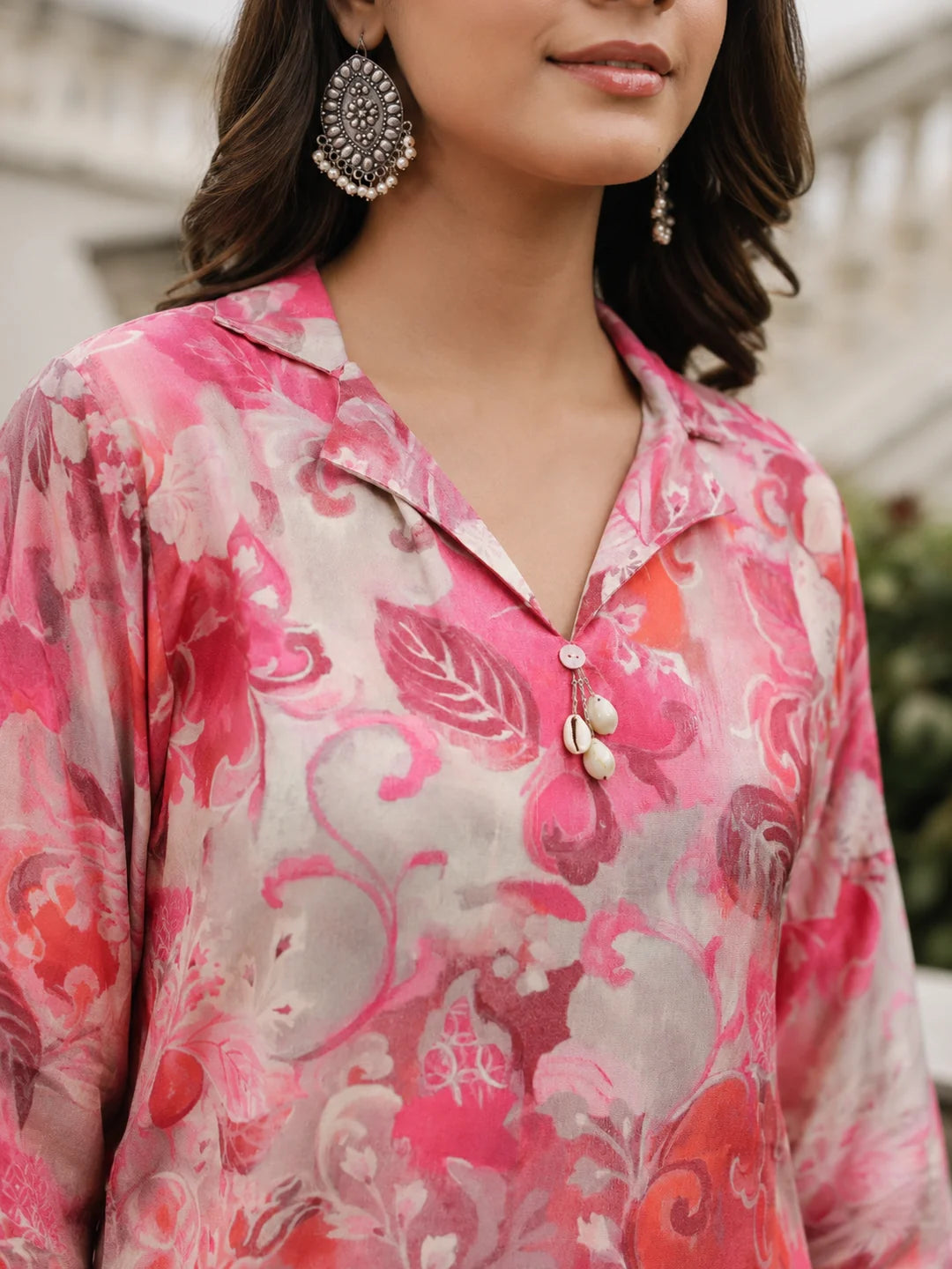 Pink Floral Printed Muslin Shawl Collar Kurta with Tulip Dhoti Pants
