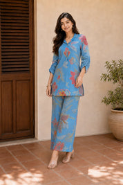 Blue Multi Color Bold Floral Printed Muslin Co Ord Set