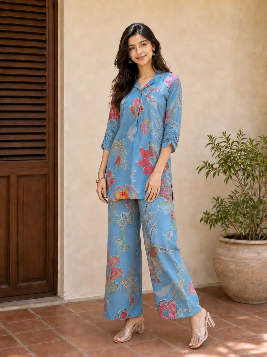 Blue Multi Color Bold Floral Printed Muslin Co Ord Set