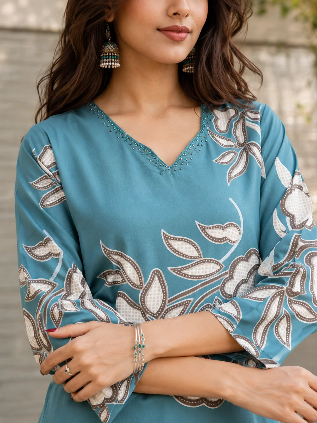 Sequin-Embellished Floral Kurta Palazzo Set in German Rayon