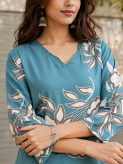 Sequin-Embellished Floral Kurta Palazzo Set in German Rayon