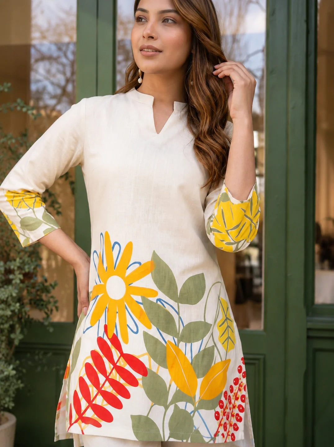 Cream Graphic Leaf Kurta & Wide-Leg Co-ord Set in Cotton Flex
