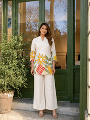 Cream Graphic Leaf Kurta & Wide-Leg Co-ord Set in Cotton Flex