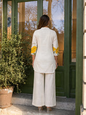 Cream Graphic Leaf Kurta & Wide-Leg Co-ord Set in Cotton Flex