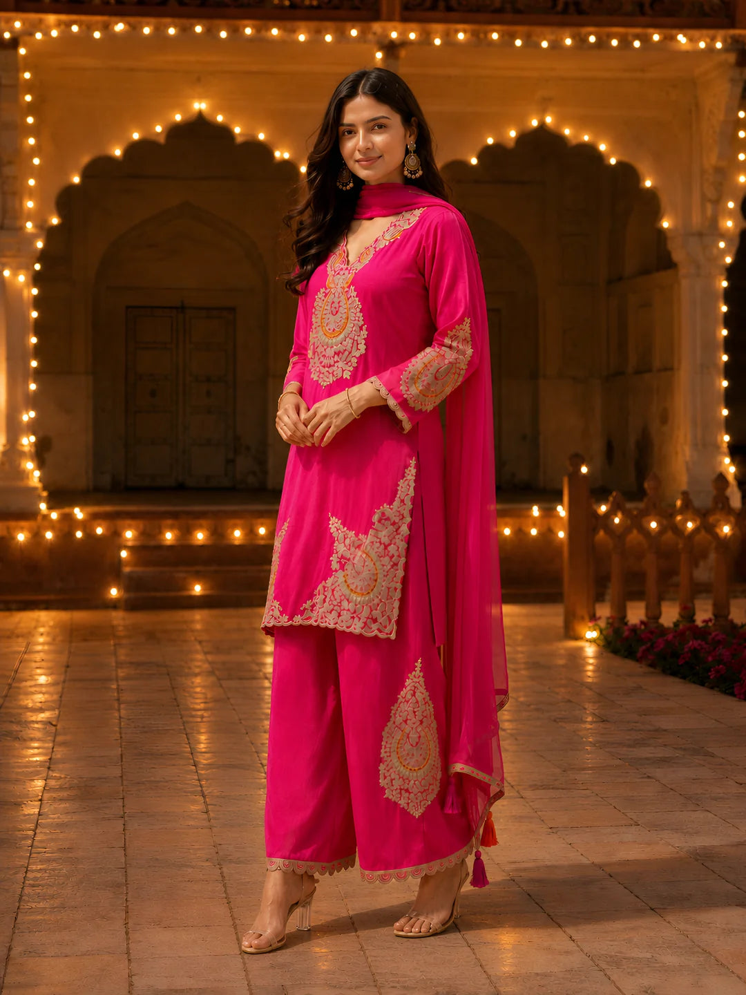 Fuchsia Pink Embroidered 3 Pc Kurta Set in Russian Silk