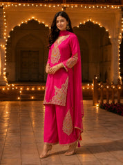 Fuchsia Pink Embroidered 3 Pc Kurta Set in Russian Silk
