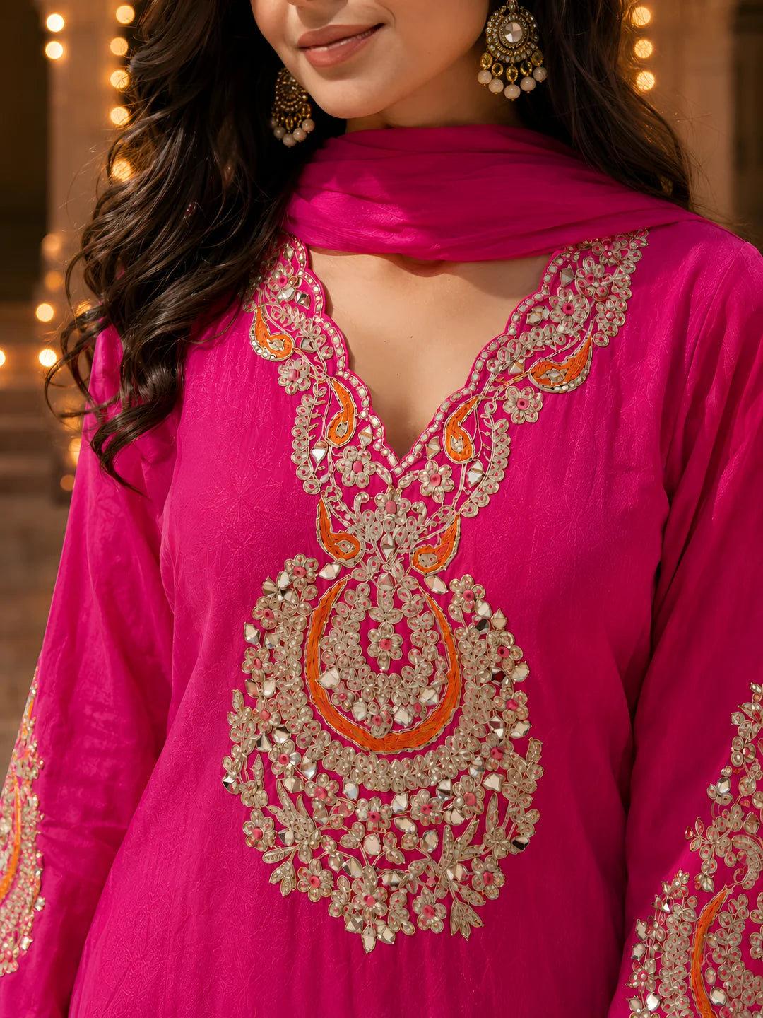 Fuchsia Pink Embroidered 3 Pc Kurta Set in Russian Silk