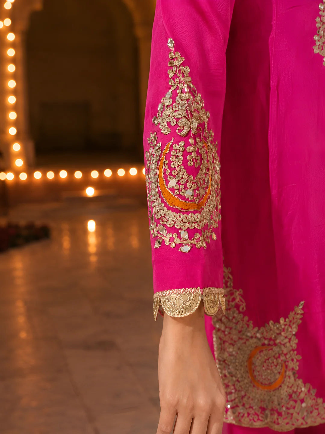 Fuchsia Pink Embroidered 3 Pc Kurta Set in Russian Silk