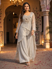 Grey Embellished 2 Pc Co-ord Set in Organza