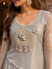Grey Embellished 2 Pc Co-ord Set in Organza