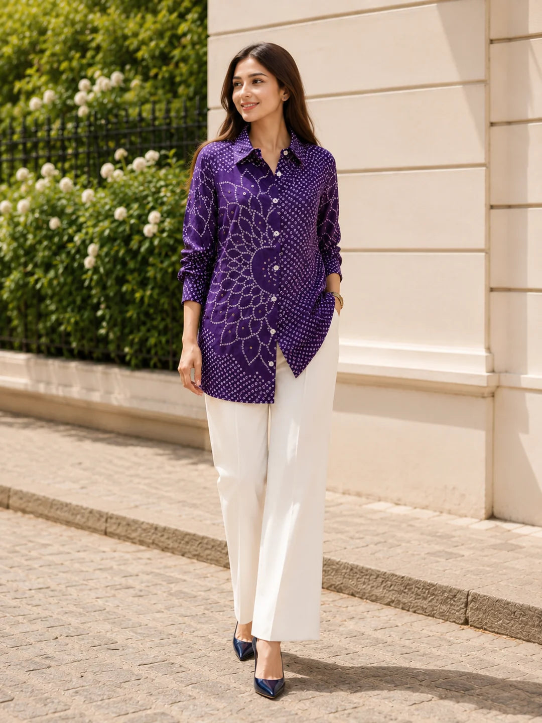 Violet Bandhani Mandala Printed Shirt in Crepe