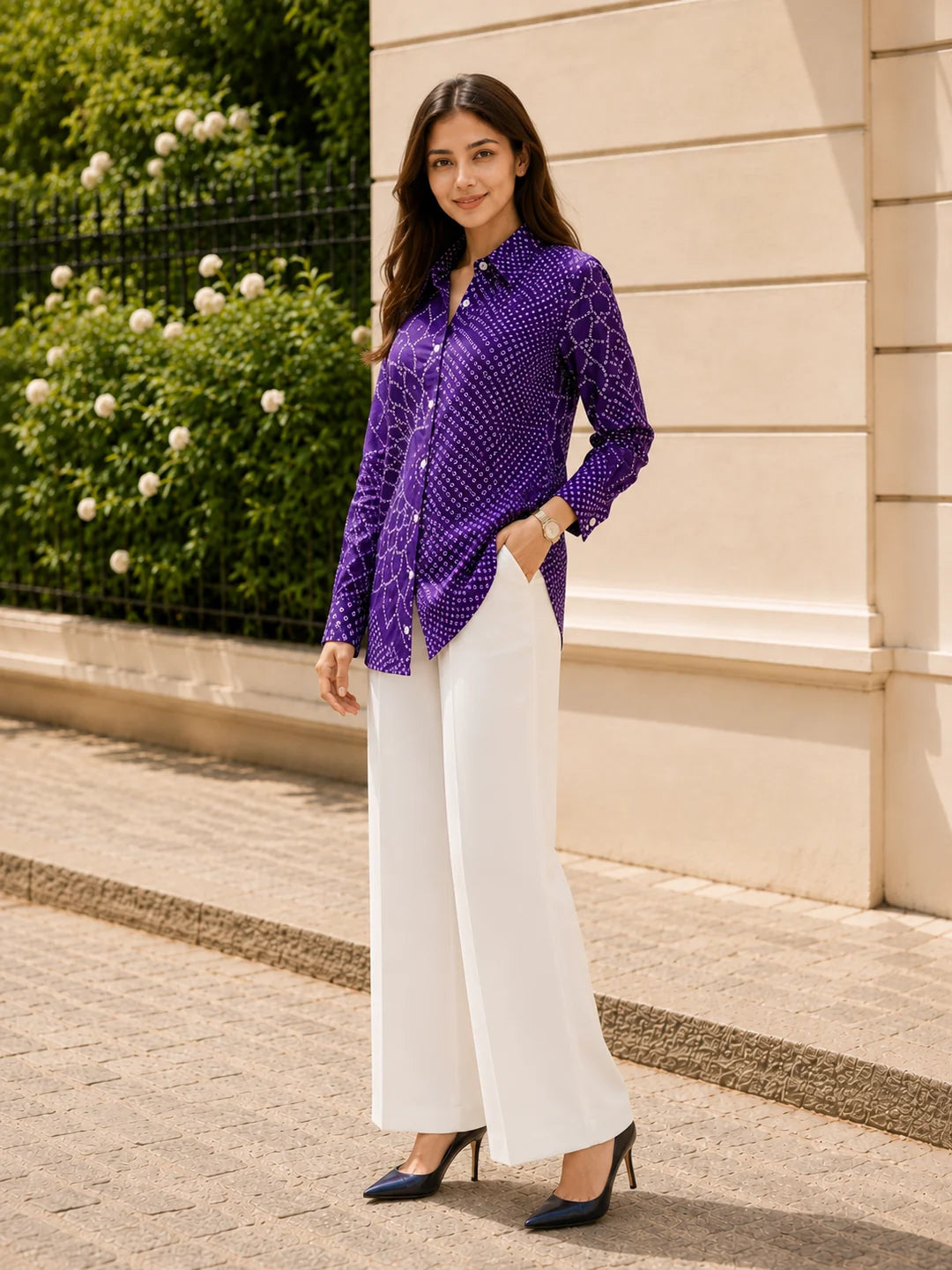Violet Bandhani Mandala Printed Shirt in Crepe