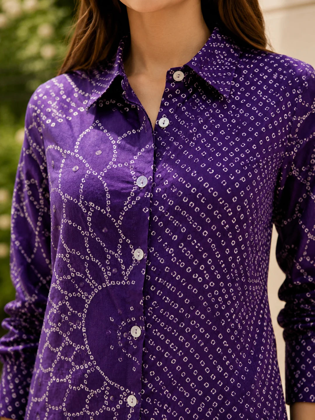 Violet Bandhani Mandala Printed Shirt in Crepe