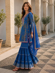 Dark Blue Embroidered 3 Pc Sharara Set in Pure Bamberg Muslin with Chiffon Dupatta