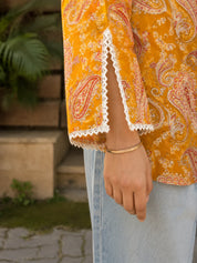 Mustard Paisley Printed Cotton Short Kurti