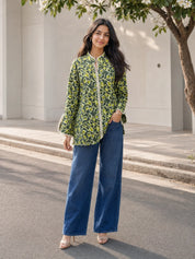 Olive Green Printed Cotton Short Kurti