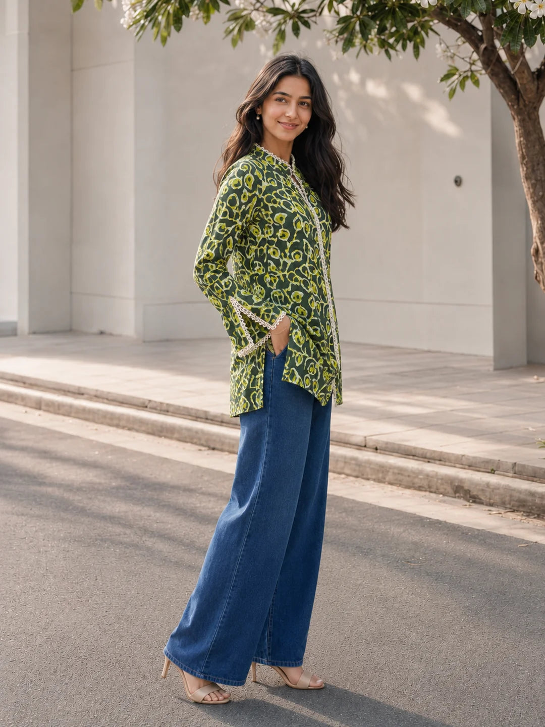 Olive Green Printed Cotton Short Kurti