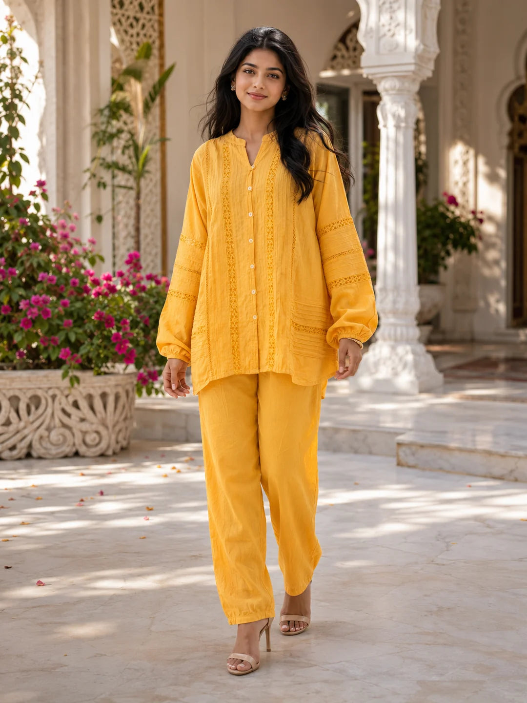Light Yellow Embroidered Cotton Co-Ord Set