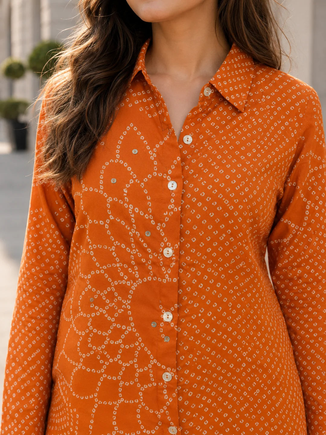 Orange Bandhani Mandala Printed Shirt in Crepe