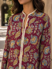 Plum Floral Jaal Printed Cotton Short Kurti