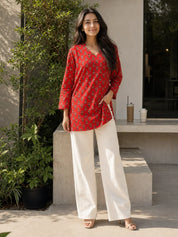 Red Black Floral Buti Printed Cotton Short Kurti