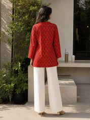 Red Black Floral Buti Printed Cotton Short Kurti