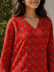 Red Black Floral Buti Printed Cotton Short Kurti