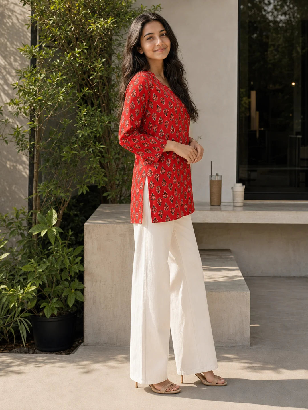 Red Black Floral Buti Printed Cotton Short Kurti