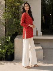 Red Black Floral Buti Printed Cotton Short Kurti