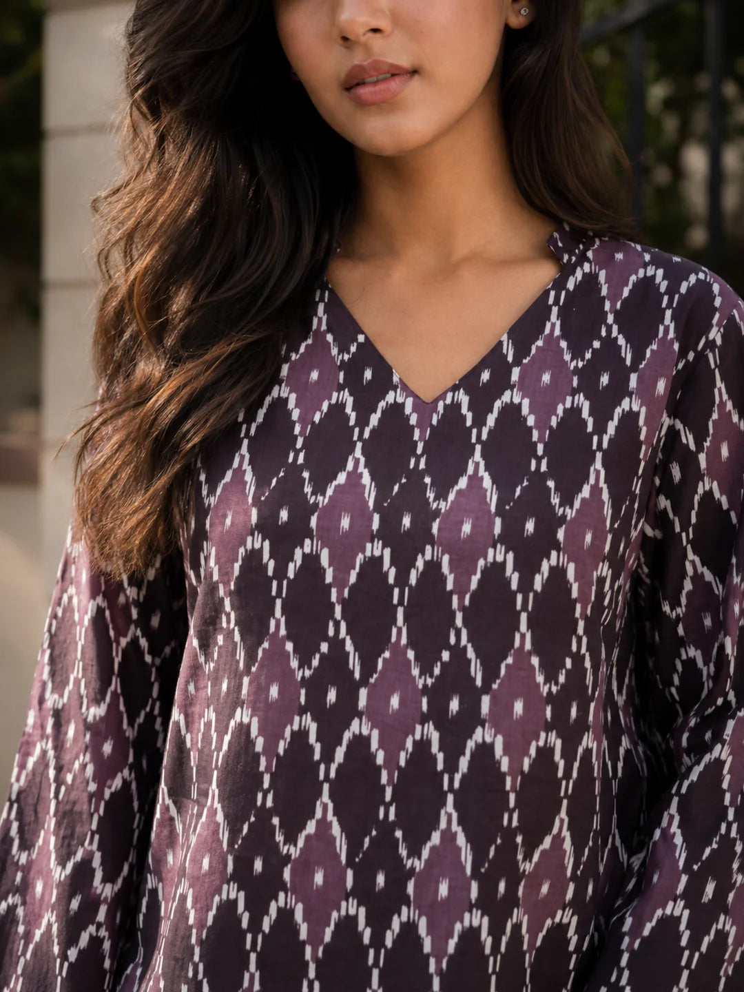 Brown White Ikat Printed Cotton Short Kurti