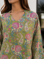 Light Green Floral Jaal Printed Cotton Short Kurti