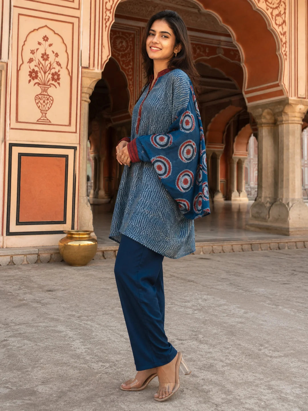 Blue & Maroon Abstract Printed Anti-Fit Eagle Style Co-ord Set in Crepe