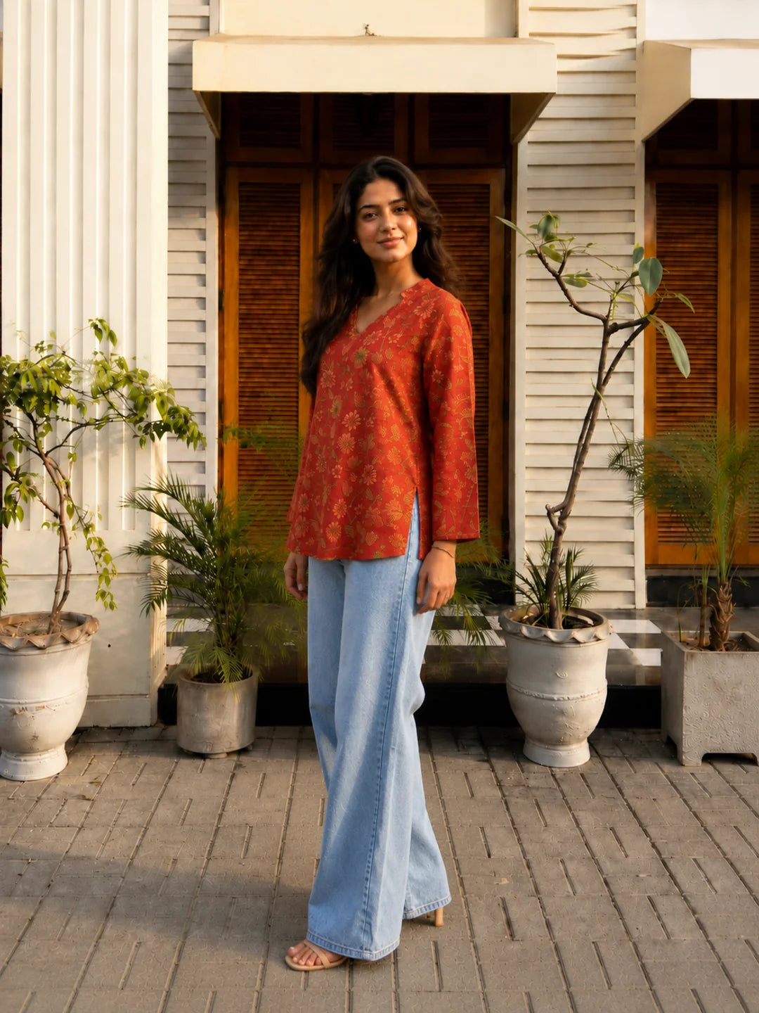 Rust Red Floral Printed Short Kurti in Cotton